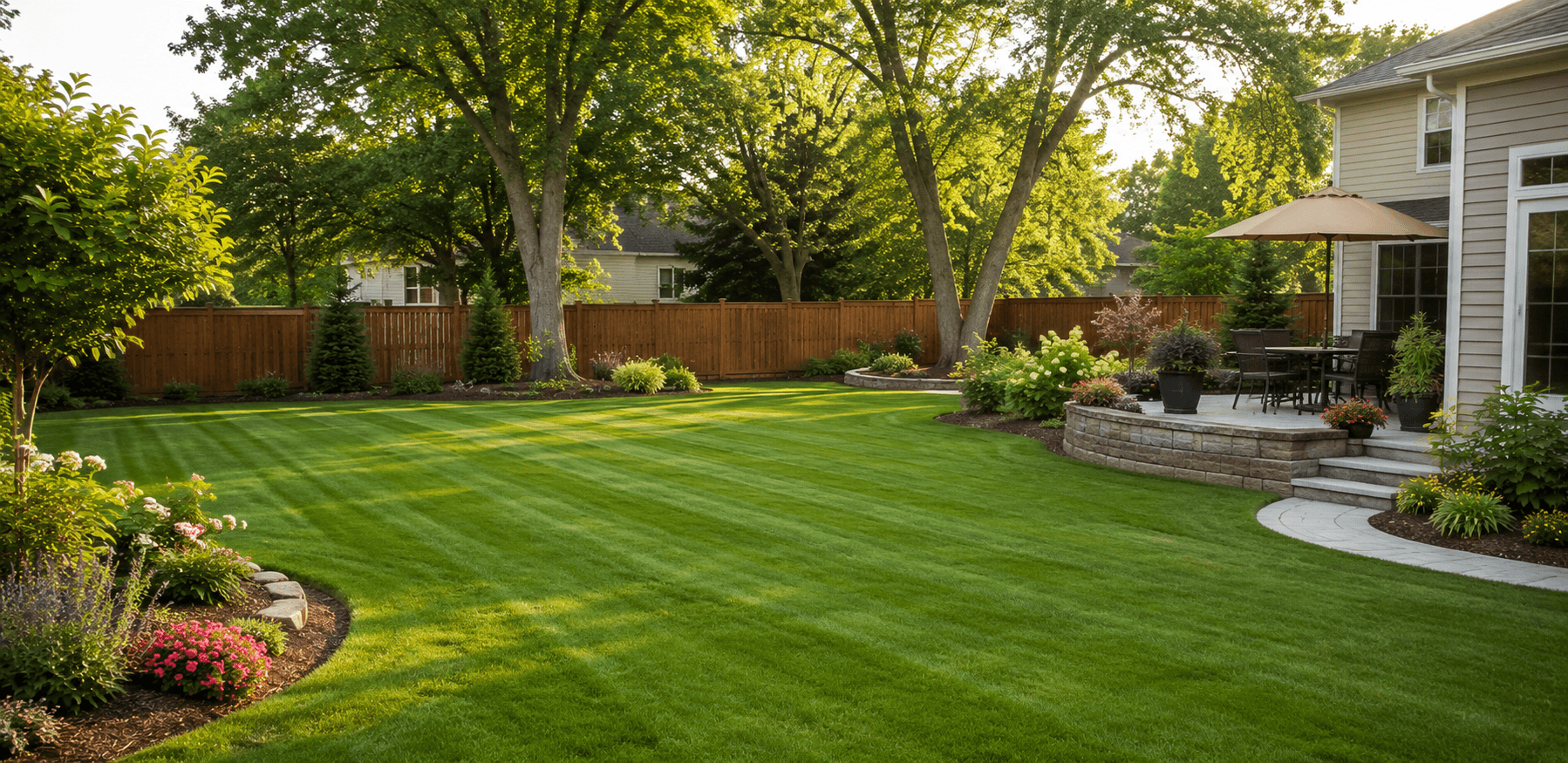 A manicured backyard lawn and garden