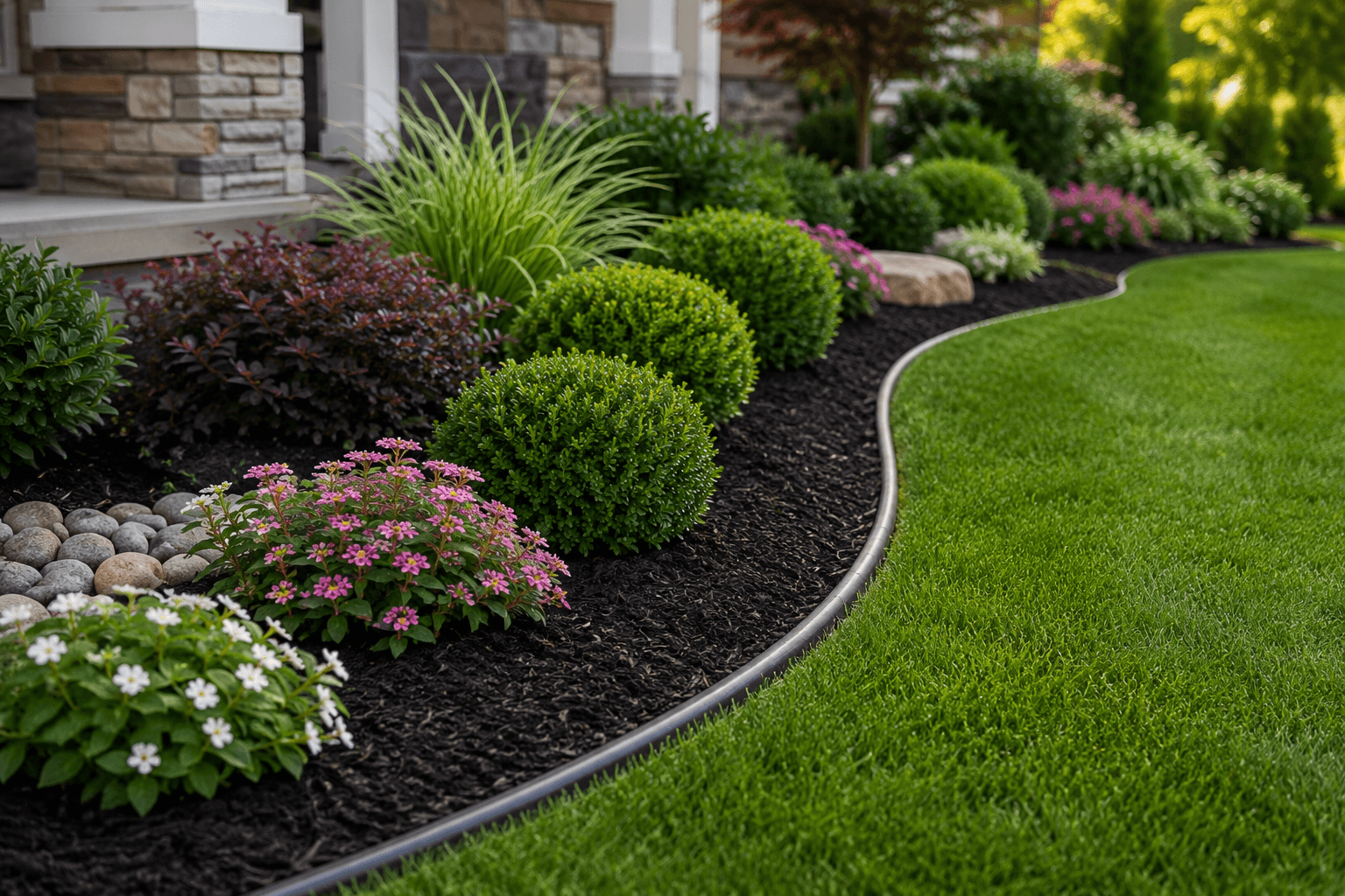 A clean, freshly-edged garden bed with mulch and flowers