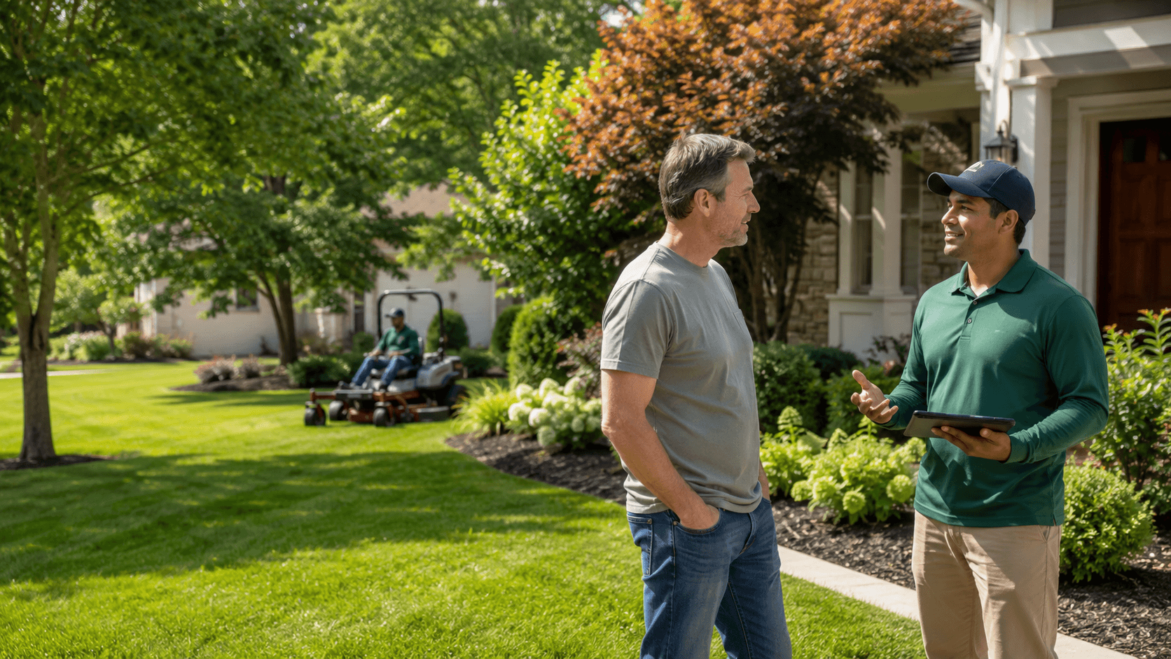 A homeowner talking with a lawn care pro in the front yard