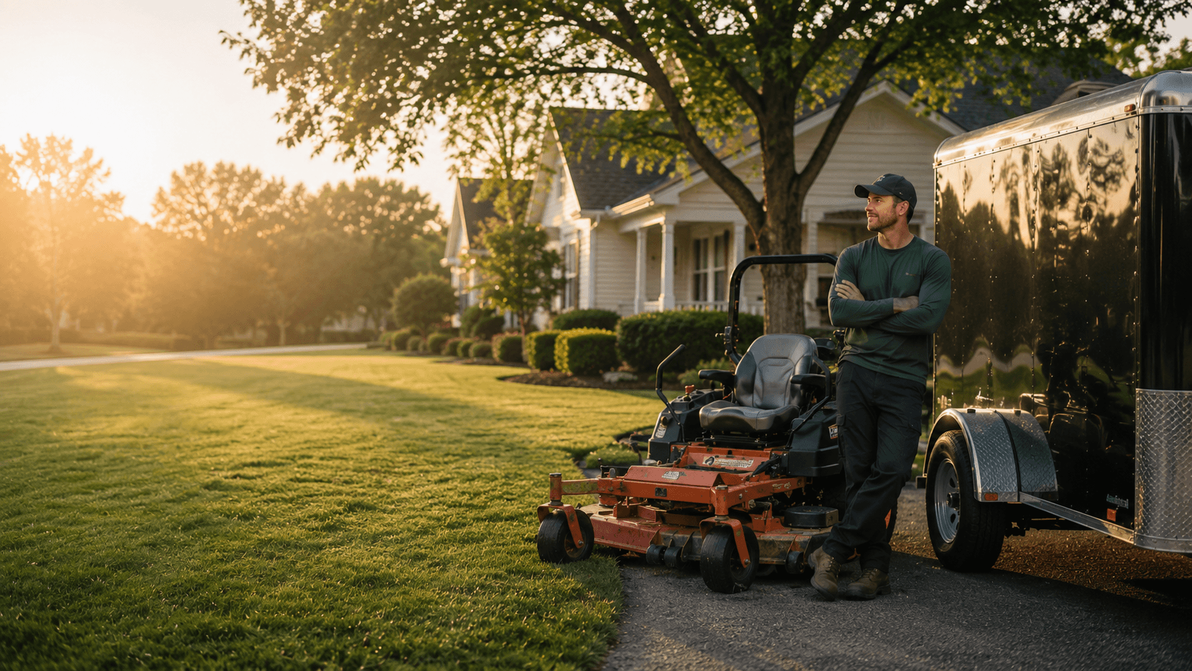 A lawn care pro with a mower and trailer at a residential property
