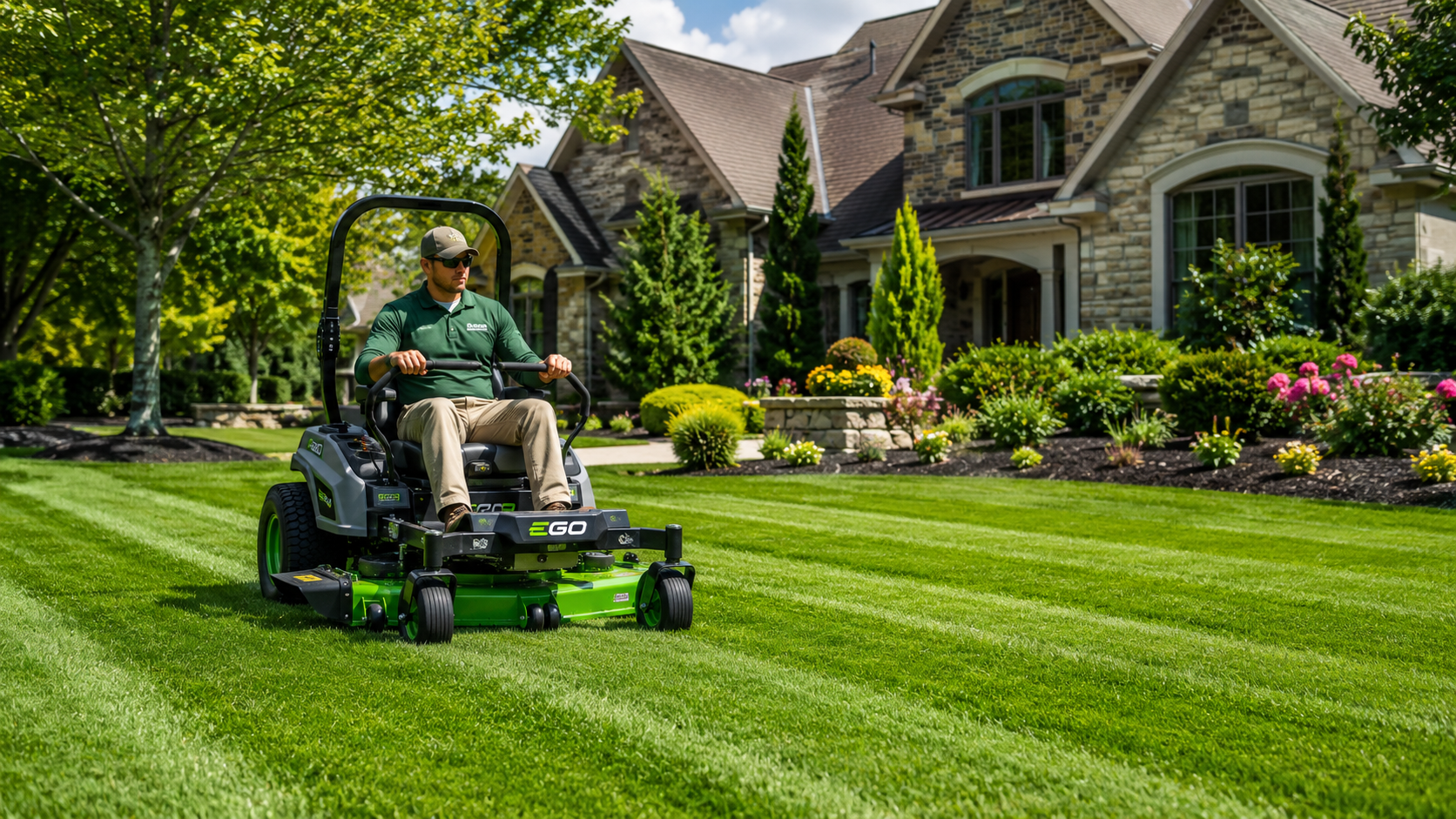 A lawn care professional mowing a striped residential lawn in front of a stone home.